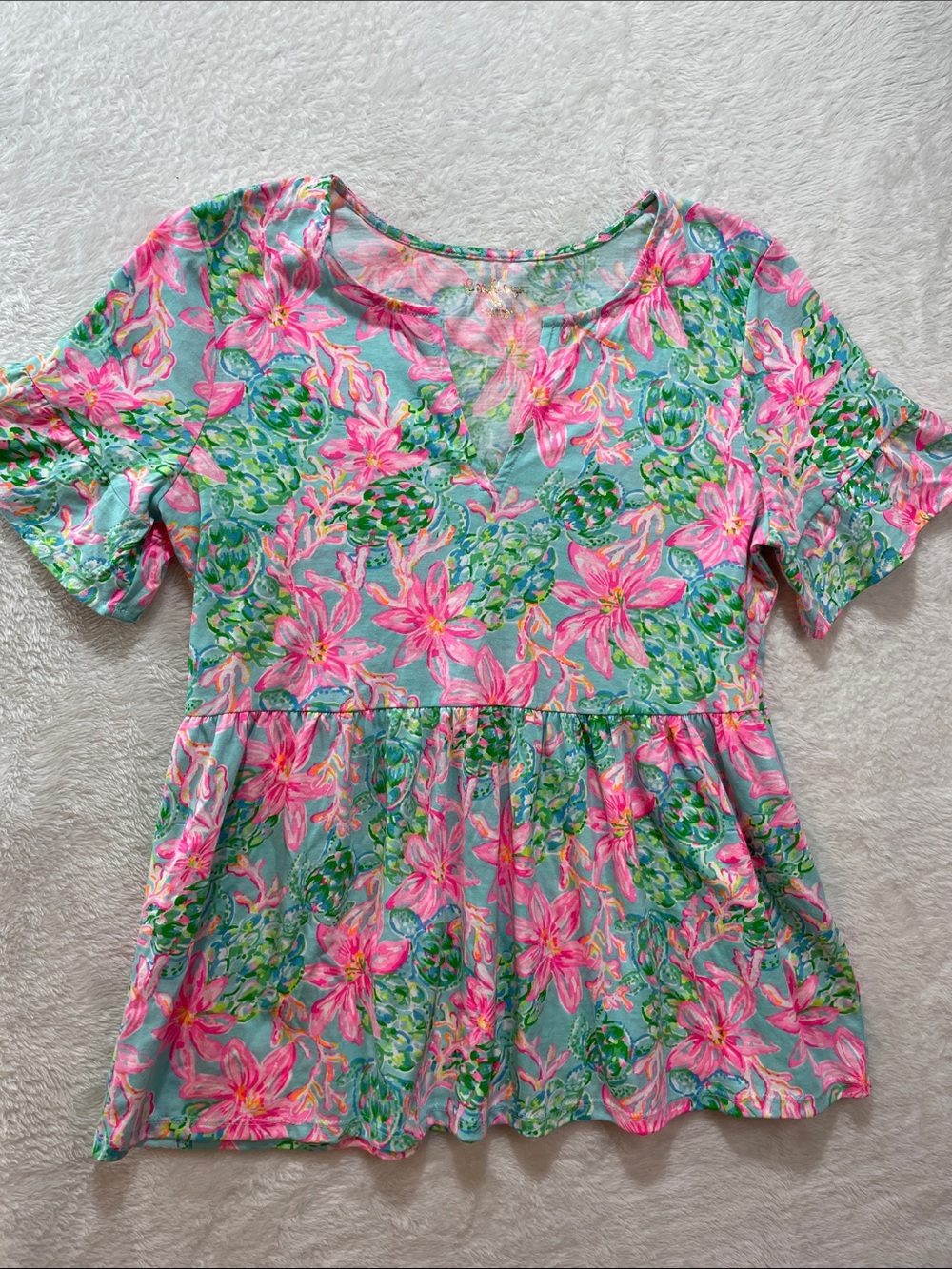 Lilly Pulitzer Floral Peplum V-Neck Short Sleeve Top Size XS Pink Green Aqua NEW